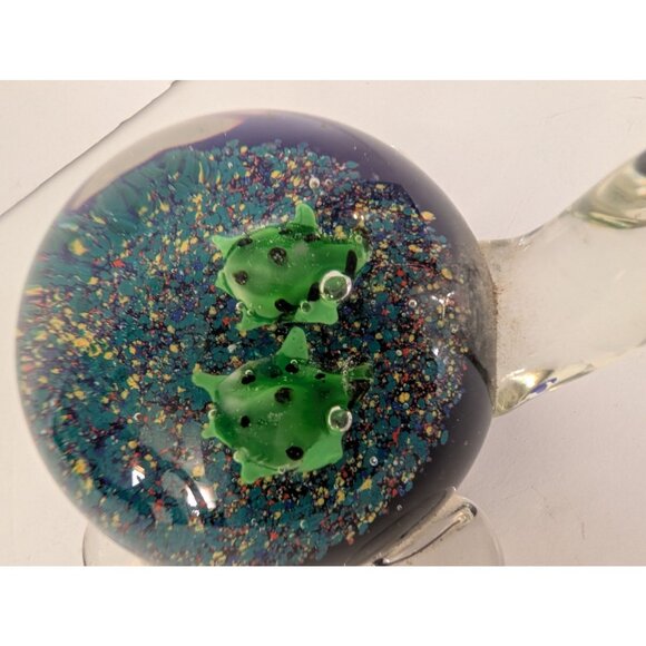 Handblown Glass Turtle Figurine With Green Fish Design & Glitter Accents - Picture 3 of 6